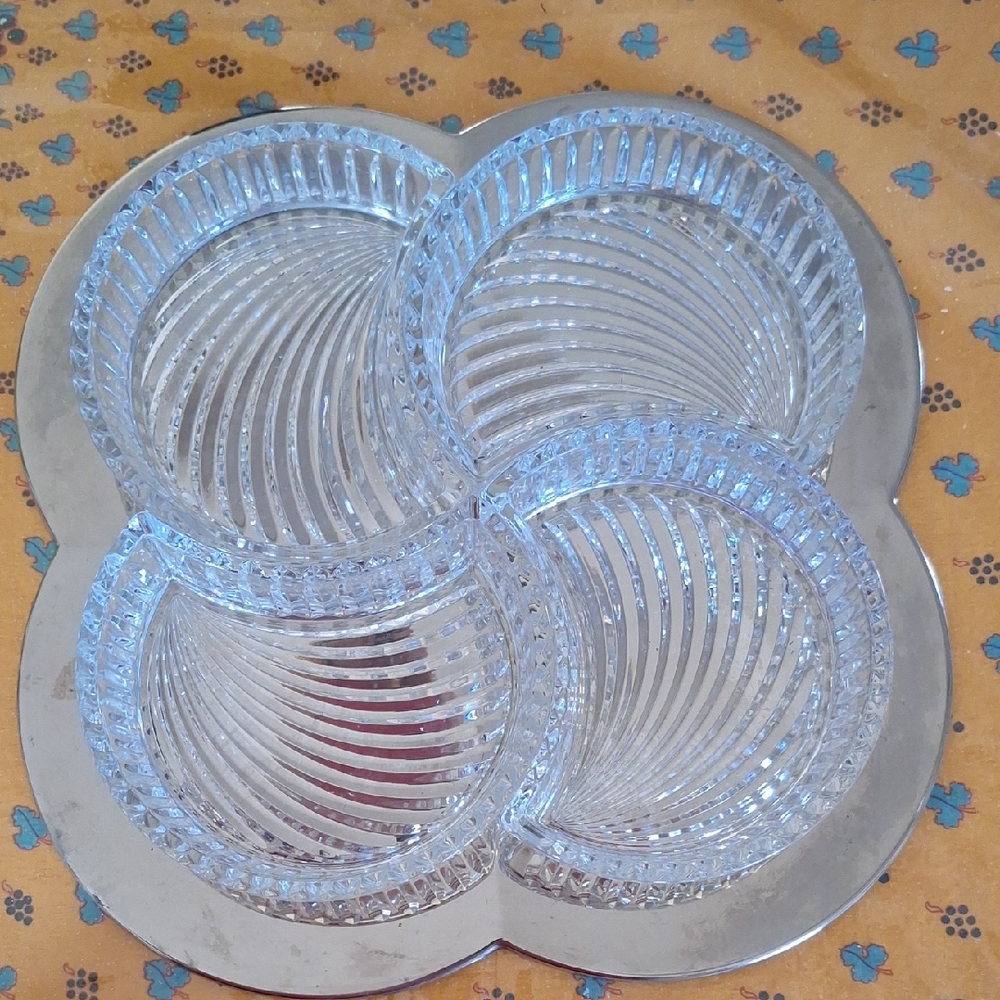 Mikasa ? Heavy Clear Shell Design Bowls And Silver Relish or Dip Tray - 5 parts